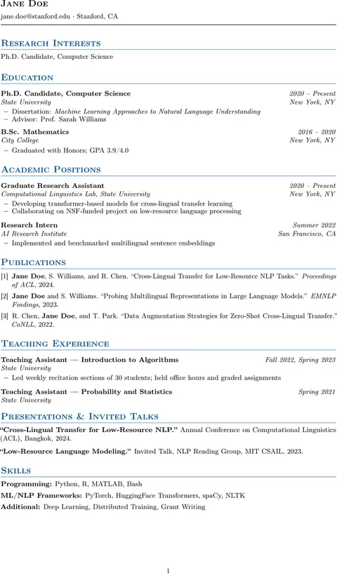 Preview of the Academic & Research CV LaTeX resume template, rendered from real compiled .tex source