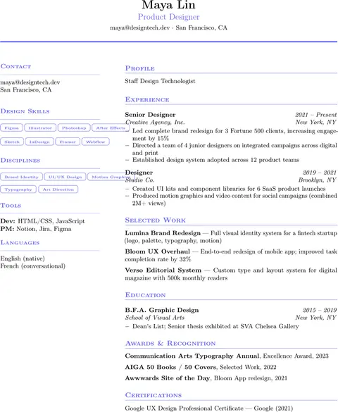 Preview of the Minimalist & Modern Portfolio LaTeX resume template, rendered from real compiled .tex source