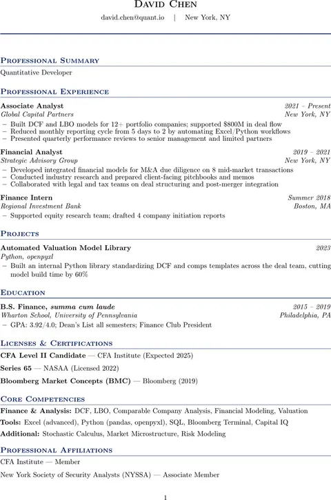 Preview of the Quantitative & Finance LaTeX resume template, rendered from real compiled .tex source