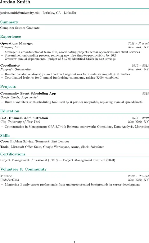 Preview of the New Graduate & Classic LaTeX resume template, rendered from real compiled .tex source