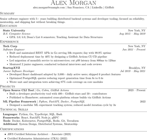 Preview of the Modern Tech Engineering LaTeX resume template, rendered from real compiled .tex source